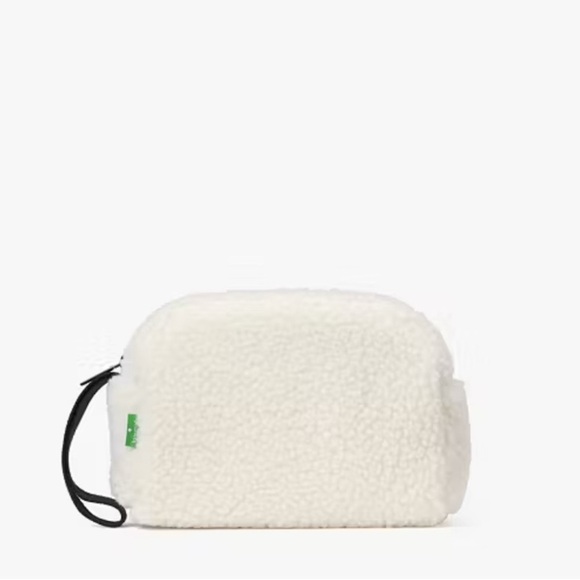 Kate Spade Faux Shearling Travel Pouch Cosmetic Case Wristlet Cream White Zip - Picture 1 of 8